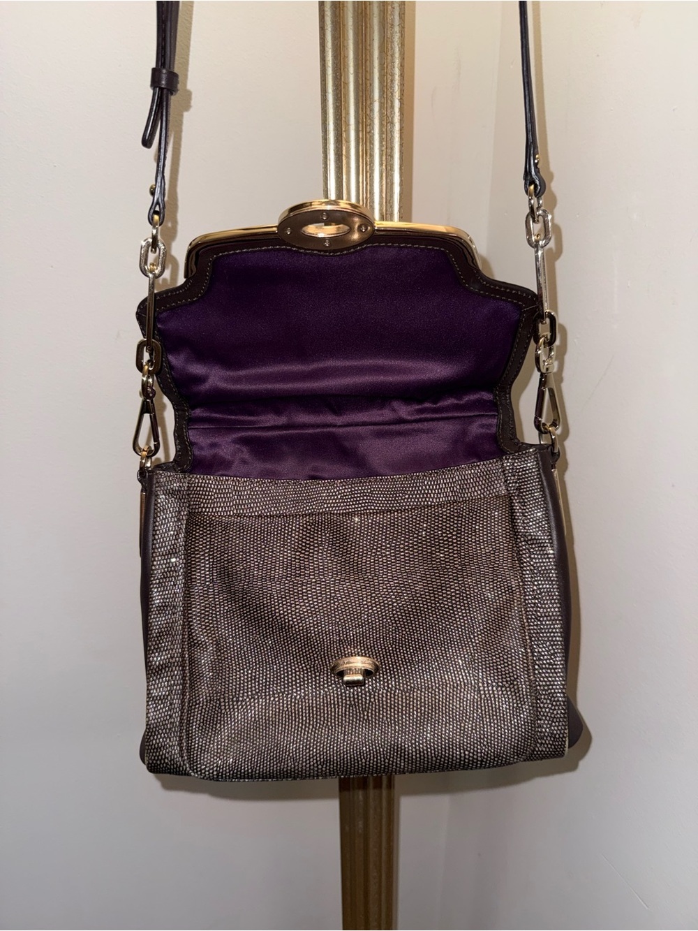 Coach Metallic Gold Pebbled Leather Turnlock Crossbody Satchel Bag